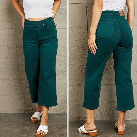 Judy Blue Denim - Judy Blue Hailey High Rise Tummy Control Wide Leg Crop Jeans Garment Dyed Teal